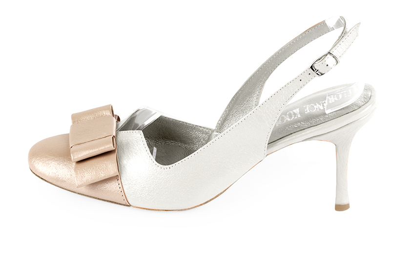 Gold and pure white women's open back shoes, with a knot. Round toe. High slim heel. Profile view - Florence KOOIJMAN